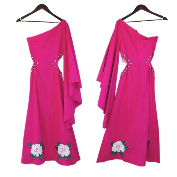 FANM MON Amarya Pink One Shoulder Dress Long Sleeve Cutout Embroidered XS New - Picture 2 of 14